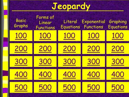 Jeopardy Basic Graphs Forms of Linear Functions Graphing Equations Literal Equations 100 200 300 400 500 100 200 300 400 500 100 200 300 400 500 100 200.