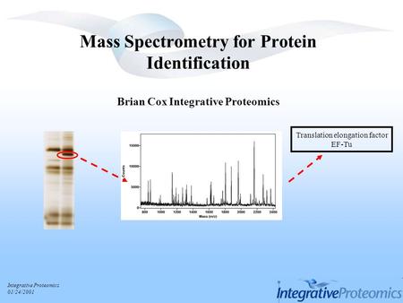 Integrative Proteomics 01/24/2001 Mass Spectrometry for Protein Identification Brian Cox Integrative Proteomics Translation elongation factor EF-Tu.