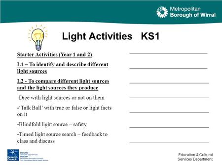 Light Activities KS1 Education & Cultural Services Department Starter Activities (Year 1 and 2) L1 – To identify and describe different light sources L2.