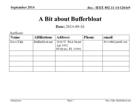 Submission doc.: IEEE 802.11-14/1264r0 September 2014 Dave Taht, Bufferbloat.netSlide 1 A Bit about Bufferbloat Date: 2014-09-16 Authors: