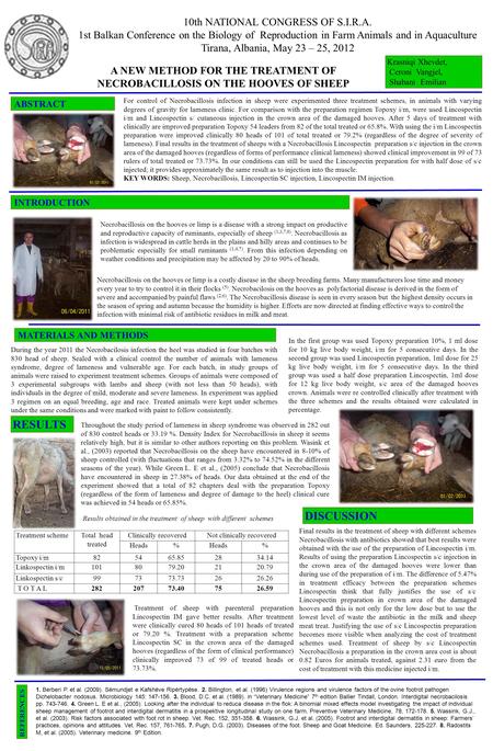 Krasniqi Xhevdet, Ceroni Vangjel, Shabani Emilian MATERIALS AND METHODS A NEW METHOD FOR THE TREATMENT OF NECROBACILLOSIS ON THE HOOVES OF SHEEP 10th NATIONAL.