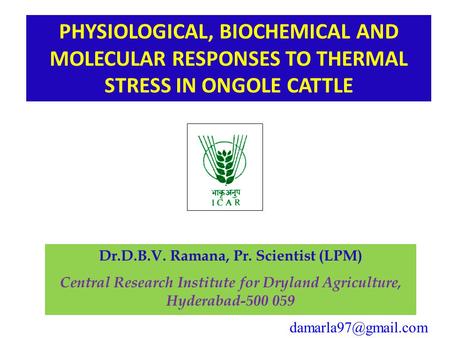 PHYSIOLOGICAL, BIOCHEMICAL AND MOLECULAR RESPONSES TO THERMAL STRESS IN ONGOLE CATTLE Dr.D.B.V. Ramana, Pr. Scientist (LPM) Central Research Institute.