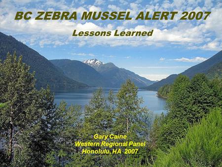 BC ZEBRA MUSSEL ALERT 2007 Lessons Learned Gary Caine Western Regional Panel Honolulu, HA 2007.