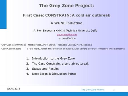 1 The Grey Zone Project WGNE 2014 The Grey Zone Project: First Case: CONSTRAIN: A cold air outbreak A WGNE initiative 1.Introduction to the Grey Zone 2.The.