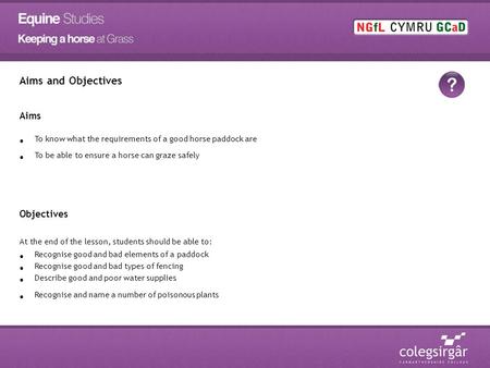 Aims and Objectives Aims To know what the requirements of a good horse paddock are To be able to ensure a horse can graze safely Objectives At the end.