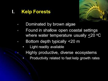 I. I.Kelp Forests Dominated by brown algae Found in shallow open coastal settings where water temperature usually 