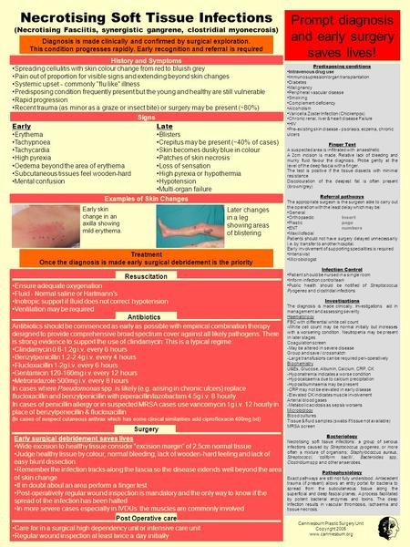 Examples of Skin Changes History and Symptoms Spreading cellulitis with skin colour change from red to bluish grey Pain out of proportion for visible signs.