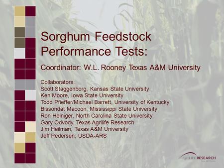 Sorghum Feedstock Performance Tests: Coordinator: W.L. Rooney Texas A&M University Collaborators: Scott Staggenborg, Kansas State University Ken Moore,