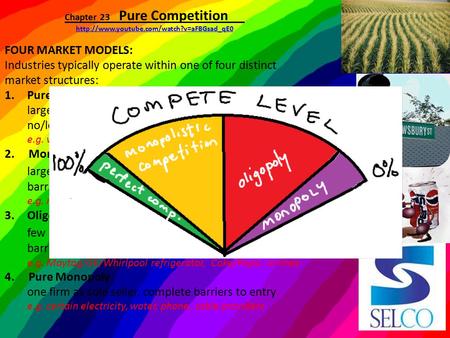 Chapter 23 Pure Competition  FOUR MARKET MODELS: Industries typically operate within one of four distinct market.