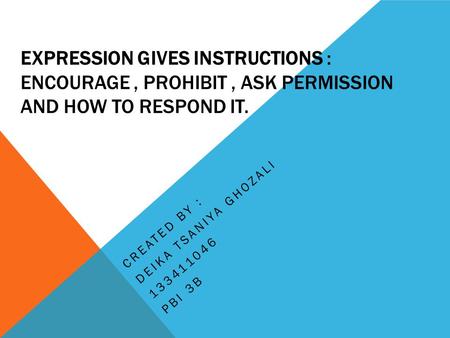 EXPRESSION GIVES INSTRUCTIONS : ENCOURAGE, PROHIBIT, ASK PERMISSION AND HOW TO RESPOND IT. CREATED BY : DEIKA TSANIYA GHOZALI 133411046 PBI 3B.