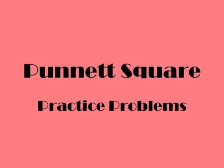 Punnett Square Practice Problems. Create a punnett square to determine percent probabilities of genotypes and phenotypes of the offspring of a pea plant.