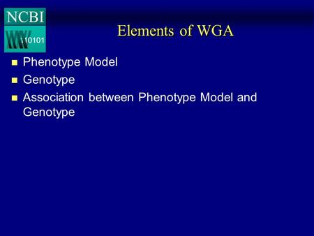 110101 NCBI Elements of WGA n Phenotype Model n Genotype n Association between Phenotype Model and Genotype.