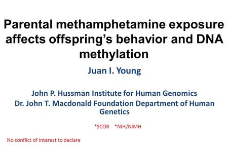 Parental methamphetamine exposure affects offspring’s behavior and DNA methylation Juan I. Young John P. Hussman Institute for Human Genomics Dr. John.