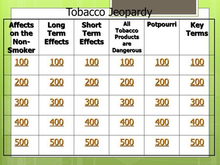 Affects on the Non- Smoker Long Term Effects Short Term Effects All Tobacco Products are Dangerous Potpourri Key Terms 100 200 300 400 500 Tobacco Jeopardy.