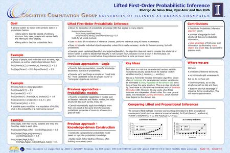 Lifted First-Order Probabilistic Inference Rodrigo de Salvo Braz, Eyal Amir and Dan Roth This research is supported by ARDA’s AQUAINT Program, by NSF grant.