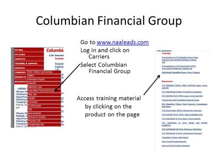 Columbian Financial Group Go to www.naaleads.comwww.naaleads.com Log in and click on Carriers Select Columbian Financial Group Access training material.