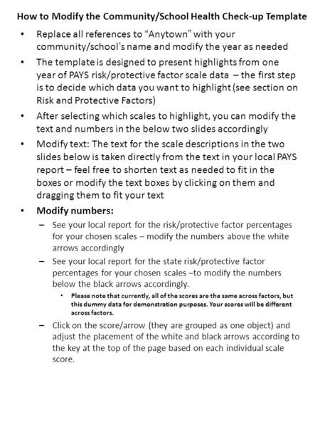 How to Modify the Community/School Health Check-up Template Replace all references to “Anytown” with your community/school’s name and modify the year as.