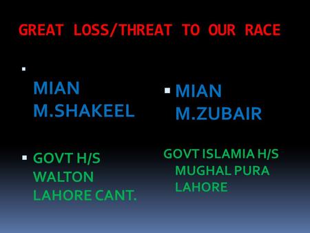 GREAT LOSS/THREAT TO OUR RACE  MIAN M.SHAKEEL  GOVT H/S WALTON LAHORE CANT.  MIAN M.ZUBAIR GOVT ISLAMIA H/S MUGHAL PURA LAHORE.