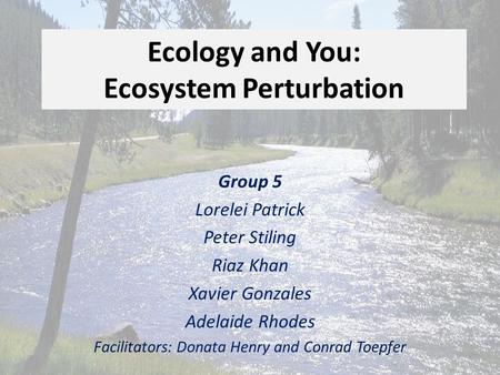 Ecology and You: Ecosystem Perturbation Group 5 Lorelei Patrick Peter Stiling Riaz Khan Xavier Gonzales Adelaide Rhodes Facilitators: Donata Henry and.