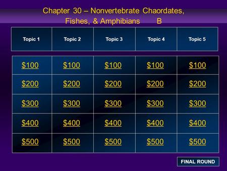 Chapter 30 – Nonvertebrate Chaordates, Fishes, & Amphibians B $100 $200 $300 $400 $500 $100$100$100 $200 $300 $400 $500 Topic 1Topic 2Topic 3Topic 4 Topic.