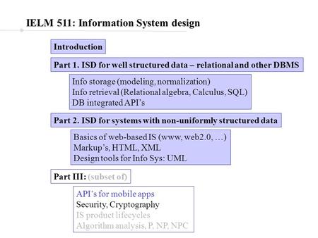 IELM 511: Information System design Introduction Part 1. ISD for well structured data – relational and other DBMS Part 2. ISD for systems with non-uniformly.