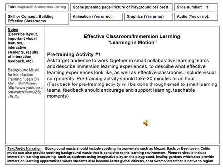 Notes: (Describe layout, important visual features, interactive elements, results of interaction, feedback, etc) Background Music for Introduction Training: