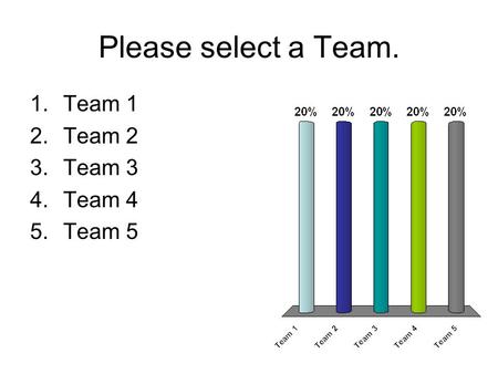 Please select a Team. Team 1 Team 2 Team 3 Team 4 Team 5.