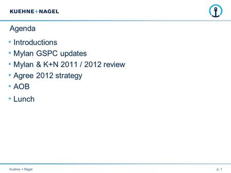 Kuehne + Nagelp. 1 Agenda Introductions Mylan GSPC updates Mylan & K+N 2011 / 2012 review Agree 2012 strategy AOB Lunch.