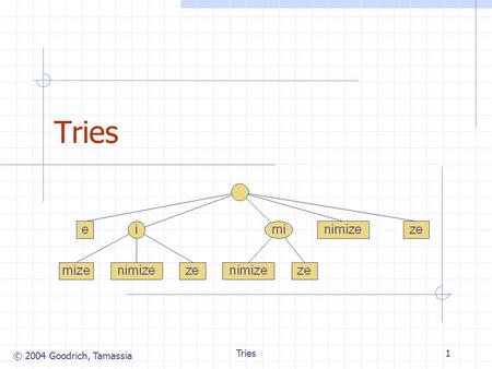 © 2004 Goodrich, Tamassia Tries1. © 2004 Goodrich, Tamassia Tries2 Preprocessing Strings Preprocessing the pattern speeds up pattern matching queries.