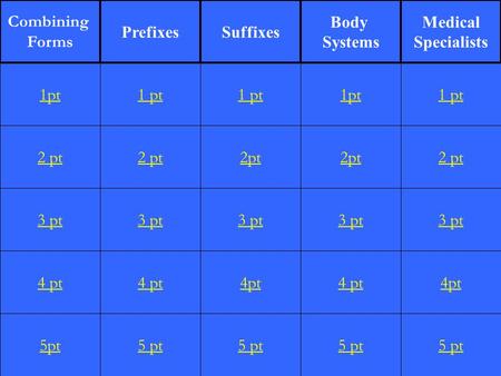 2 pt 3 pt 4 pt 5pt 1 pt 2 pt 3 pt 4 pt 5 pt 1 pt 2pt 3 pt 4pt 5 pt 1pt 2pt 3 pt 4 pt 5 pt 1 pt 2 pt 3 pt 4pt 5 pt 1pt Combining Forms PrefixesSuffixes.