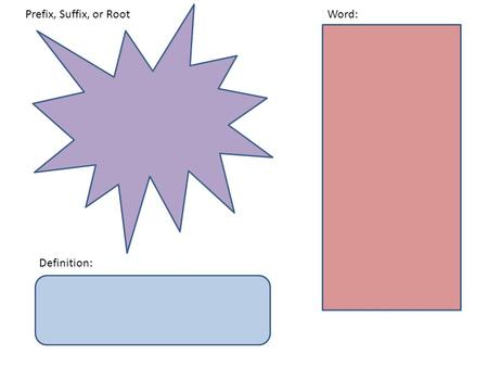 Prefix, Suffix, or RootWord: Definition:. What it Means Prefix, Suffix, Root Picture Sentence Compared to… Contrasted to… Word Meaning and Origin.