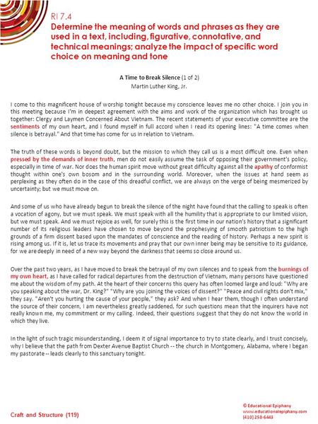 A Time to Break Silence (1 of 2) Martin Luther King, Jr. I come to this magnificent house of worship tonight because my conscience leaves me no other choice.