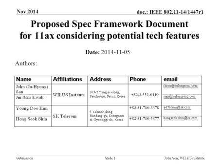 Submission doc.: IEEE 802.11-14/1447r1 Nov 2014 John Son, WILUS InstituteSlide 1 Proposed Spec Framework Document for 11ax considering potential tech features.