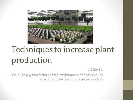 Techniques to increase plant production AS 90451 Describe physical factors of the environment and techniques used to modify them for plant production.