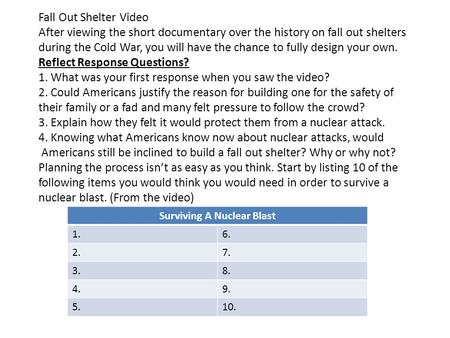 Fall Out Shelter Video After viewing the short documentary over the history on fall out shelters during the Cold War, you will have the chance to fully.