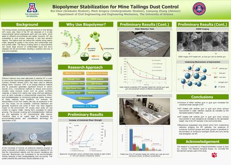 Biopolymer Stabilization for Mine Tailings Dust Control Rui Chen (Graduate Student), Mark Gregory (Undergraduate Student), Lianyang Zhang (Advisor) Department.