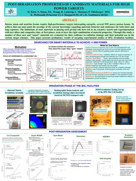 POST-IRRADIATION PROPERTIES OF CANDIDATE MATERIALS FOR HIGH POWER TARGETS H. Kirk, N. Simos, P.L. Trung, H. Ludewig, L. Mausner, P. Thieberger - BNL K.