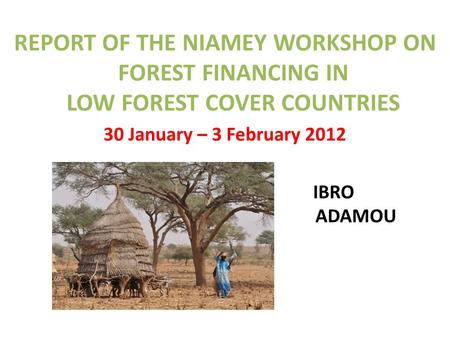 REPORT OF THE NIAMEY WORKSHOP ON FOREST FINANCING IN LOW FOREST COVER COUNTRIES 30 January – 3 February 2012 IBRO ADAMOU.