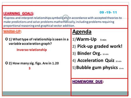 Agenda 1) Warm-Up 5 min 2) Pick-up graded work! 3) Binder Org. 10 min 4) Acceleration Quiz 20 min 5) Bubble gum physics 20 min 09 -19- 11 Inverse relationship.