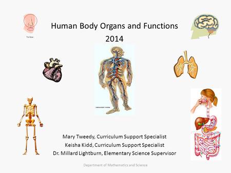 Human Body Organs and Functions 2014 Mary Tweedy, Curriculum Support Specialist Keisha Kidd, Curriculum Support Specialist Dr. Millard Lightburn, Elementary.