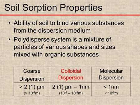 Soil Sorption Properties Ability of soil to bind various substances from the dispersion medium Polydisperse system is a mixture of particles of various.