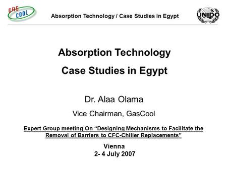 Expert Group meeting On “Designing Mechanisms to Facilitate the Removal of Barriers to CFC-Chiller Replacements” Vienna 2- 4 July 2007 Absorption Technology.