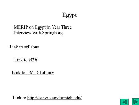 Egypt Link to syllabus Link to WDI Link to UM-D Library Link to  MERIP on Egypt in Year Three Interview.