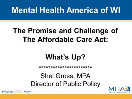 Mental Health America of WI The Promise and Challenge of The Affordable Care Act: What’s Up? *********************** Shel Gross, MPA Director of Public.