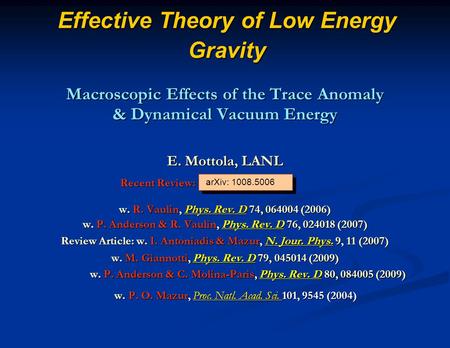 Effective Theory of Low Energy Gravity Macroscopic Effects of the Trace Anomaly & Dynamical Vacuum Energy E. Mottola, LANL Recent Review: Recent Review: