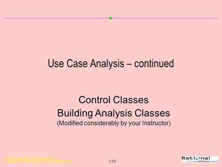 OOAD Using the UML - Use-Case Analysis, v 4.2 Copyright  1998-1999 Rational Software, all rights reserved 1/18 Use Case Analysis – continued Control Classes.