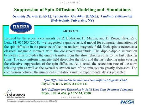 U N C L A S S I F I E D Operated by the Los Alamos National Security, LLC for the DOE/NNSA Suppression of Spin Diffusion: Modeling and Simulations Gennady.