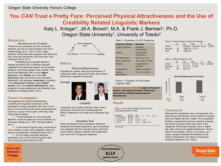 V v You CAN Trust a Pretty Face: Perceived Physical Attractiveness and the Use of Credibility Related Linguistic Markers Katy L. Krieger 1, Jill A. Brown.