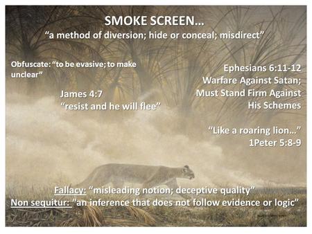 SMOKE SCREEN… “a method of diversion; hide or conceal; misdirect” Obfuscate: “to be evasive; to make unclear” Ephesians 6:11-12 Warfare Against Satan;