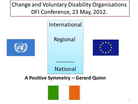 Change and Voluntary Disability Organisations DFI Conference, 23 May, 2012. International Regional ---------- National International Regional ----------